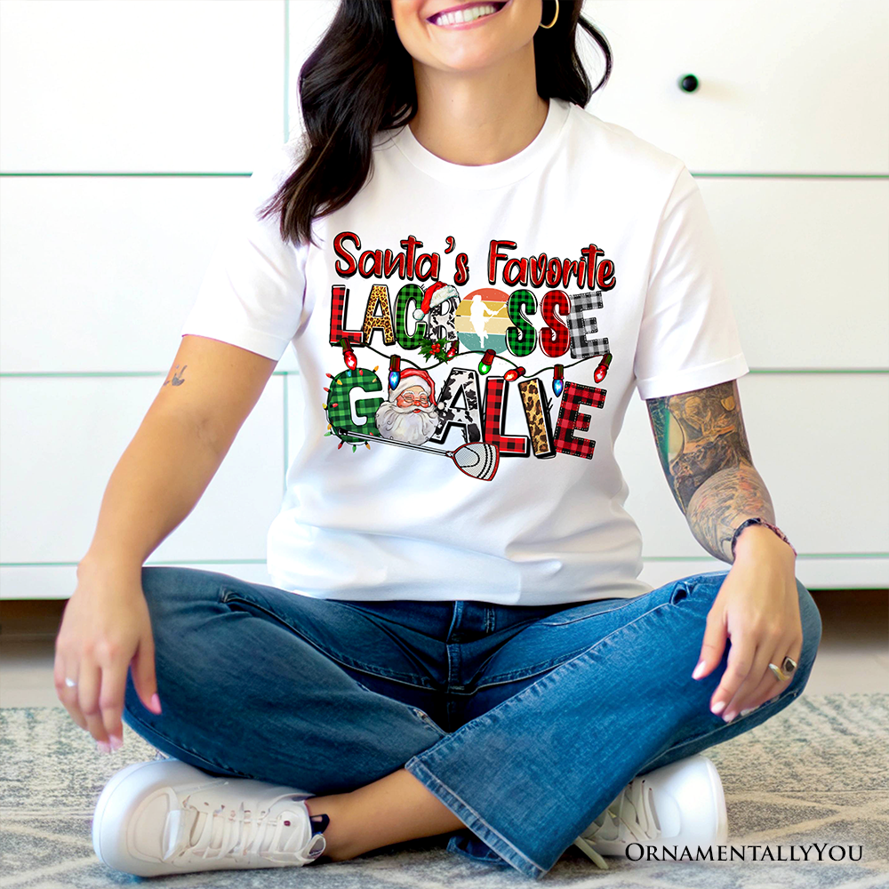 Santa’s Favorite Lacrosse Goalie Plaid Christmas T-Shirt, Sports Team Holiday Tee