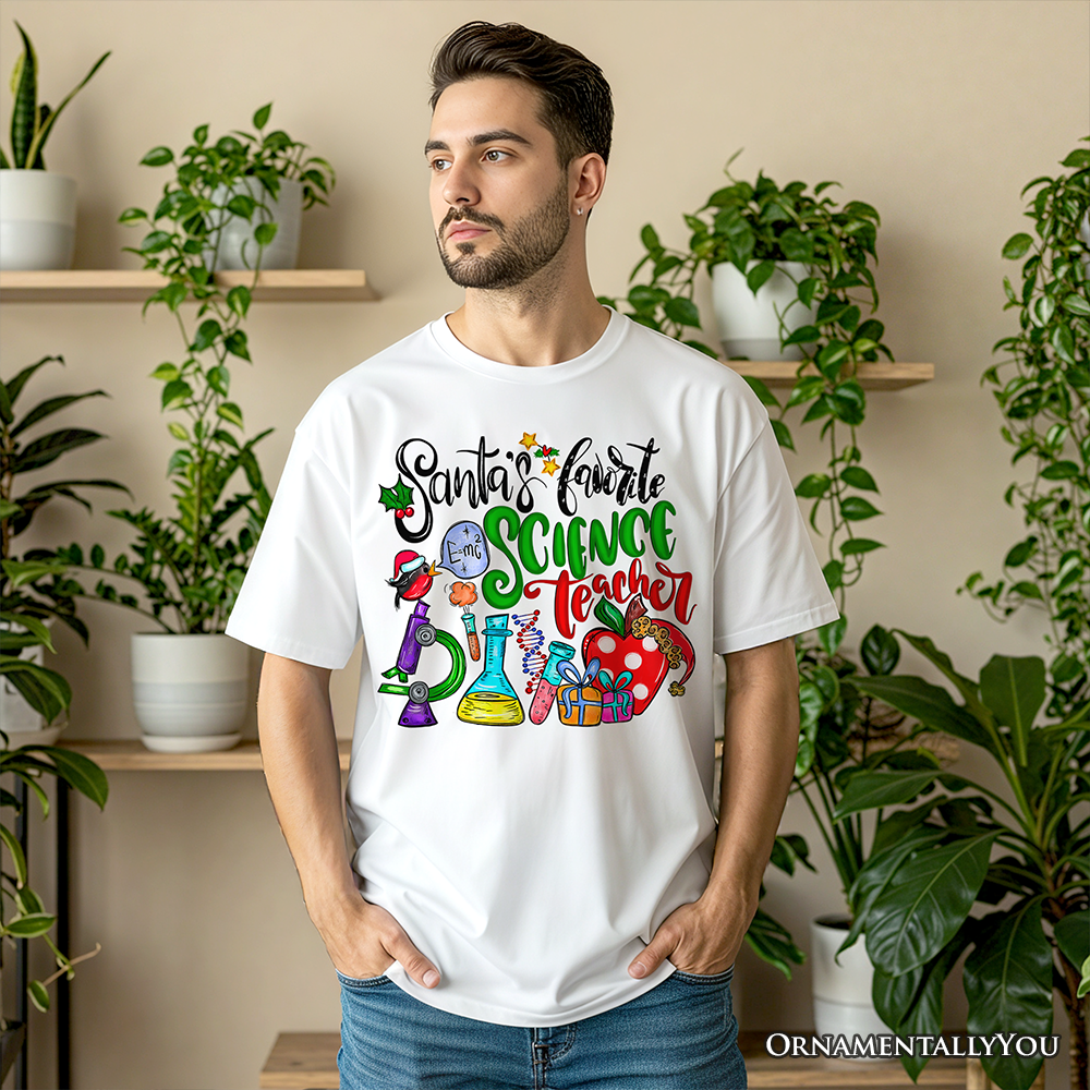 Santa’s Favorite Science Teacher T-Shirt, Fun Holiday Classroom Tee