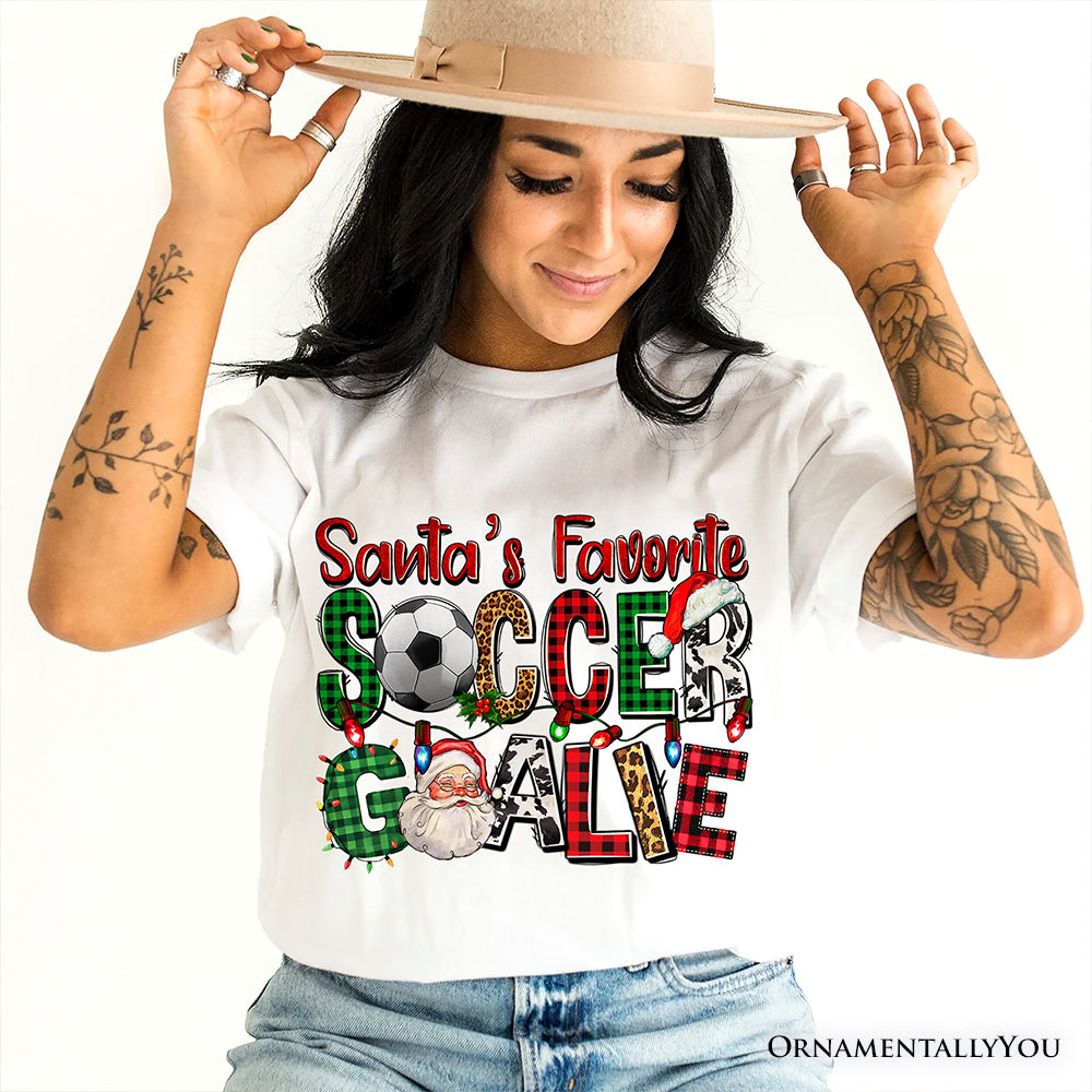 Santa’s Favorite Soccer Goalie Plaid Christmas T-Shirt, Sports Team Holiday Tee