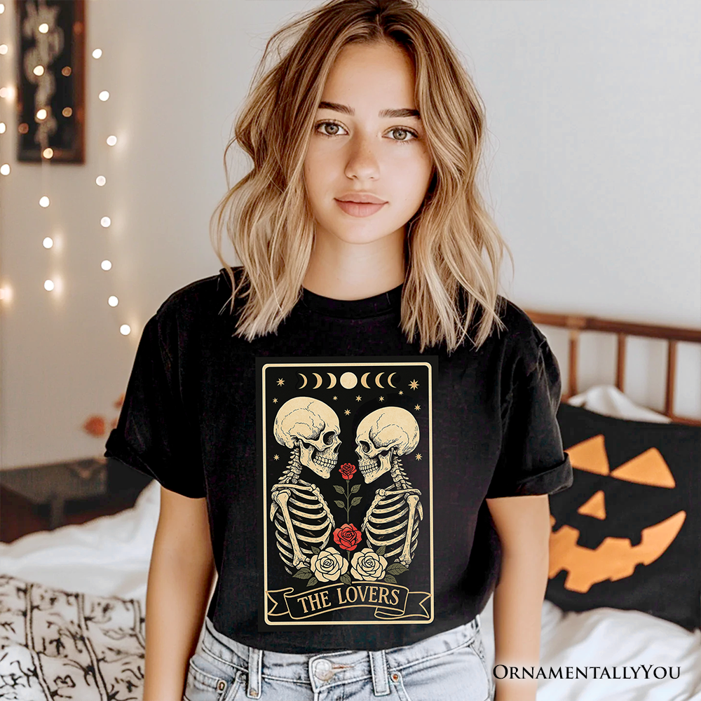 Skeleton The Lovers T-Shirt, Tarot Card Gothic Moon Phases Rose Tee
