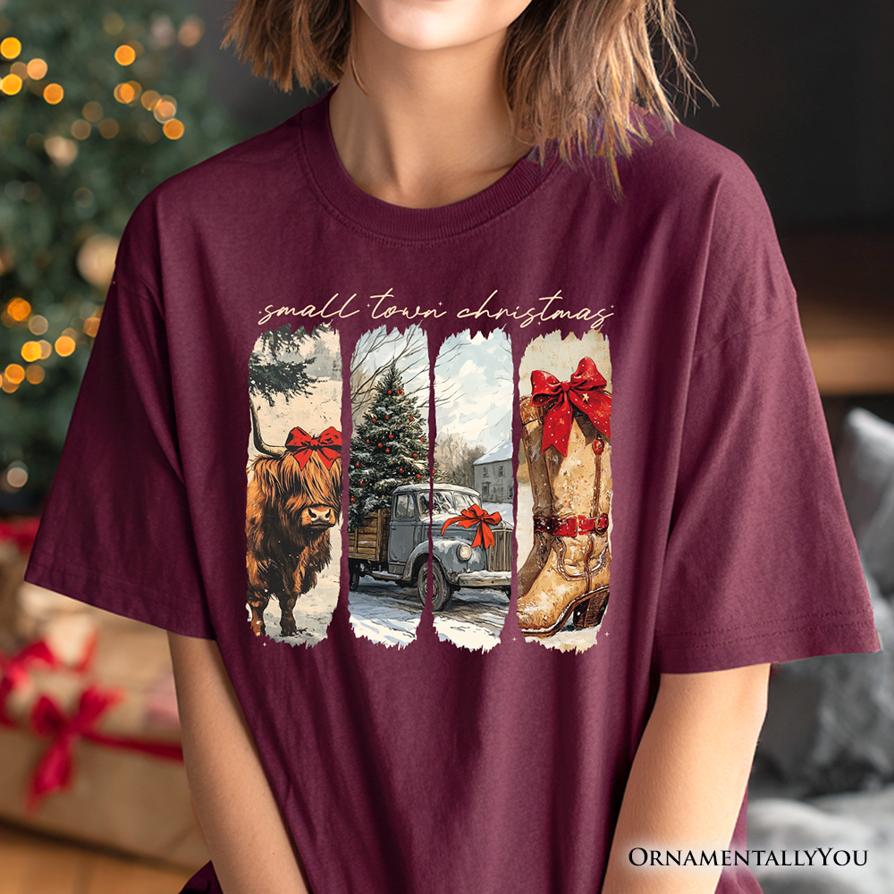 Small Town Christmas T‑Shirt, Highland Cow Rustic Western Cowgirl Holiday Tee