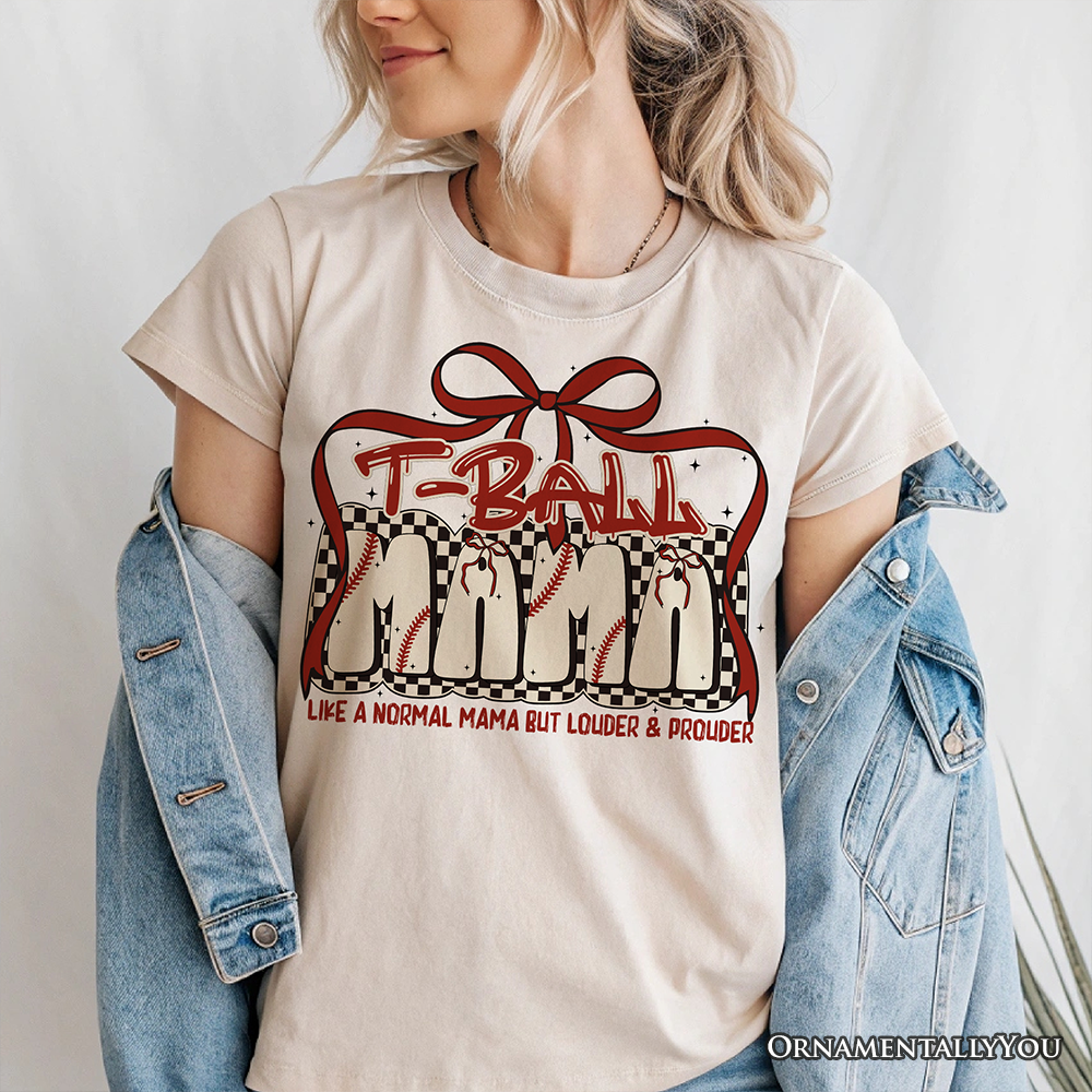T-Ball Mama Coquette Red Bow T-Shirt, Retro White and Natural Tee for Proud Sports Moms