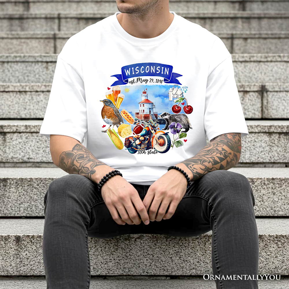 Artistic Wisconsin State Themes and Landmarks T-Shirt, Tee for History and Travel Lovers