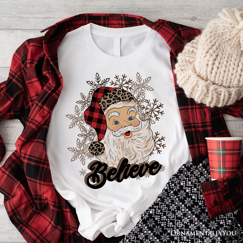 Believe Santa Buffalo Plaid T‑Shirt, Retro Christmas Tee