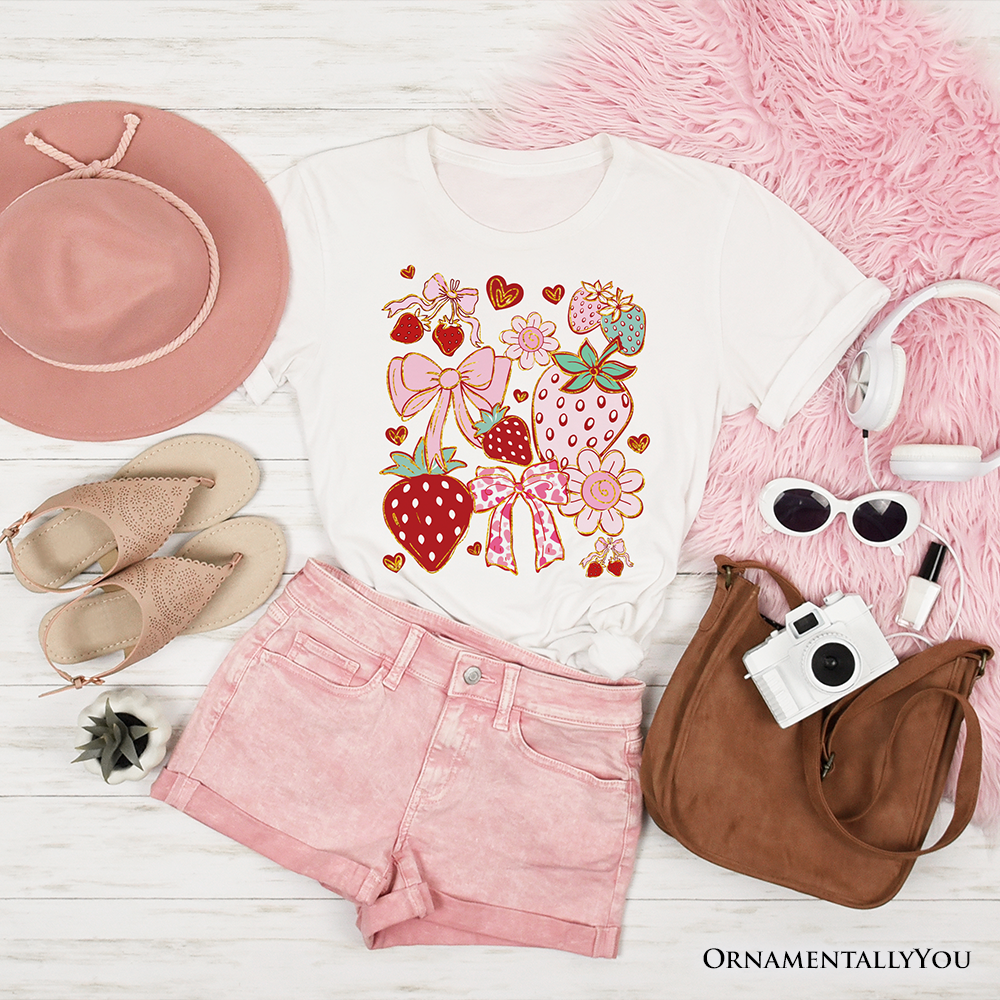 Boho Strawberry Coquette T-Shirt, Cute Bow and Floral White and Natural Tee for Sweet and Stylish Women