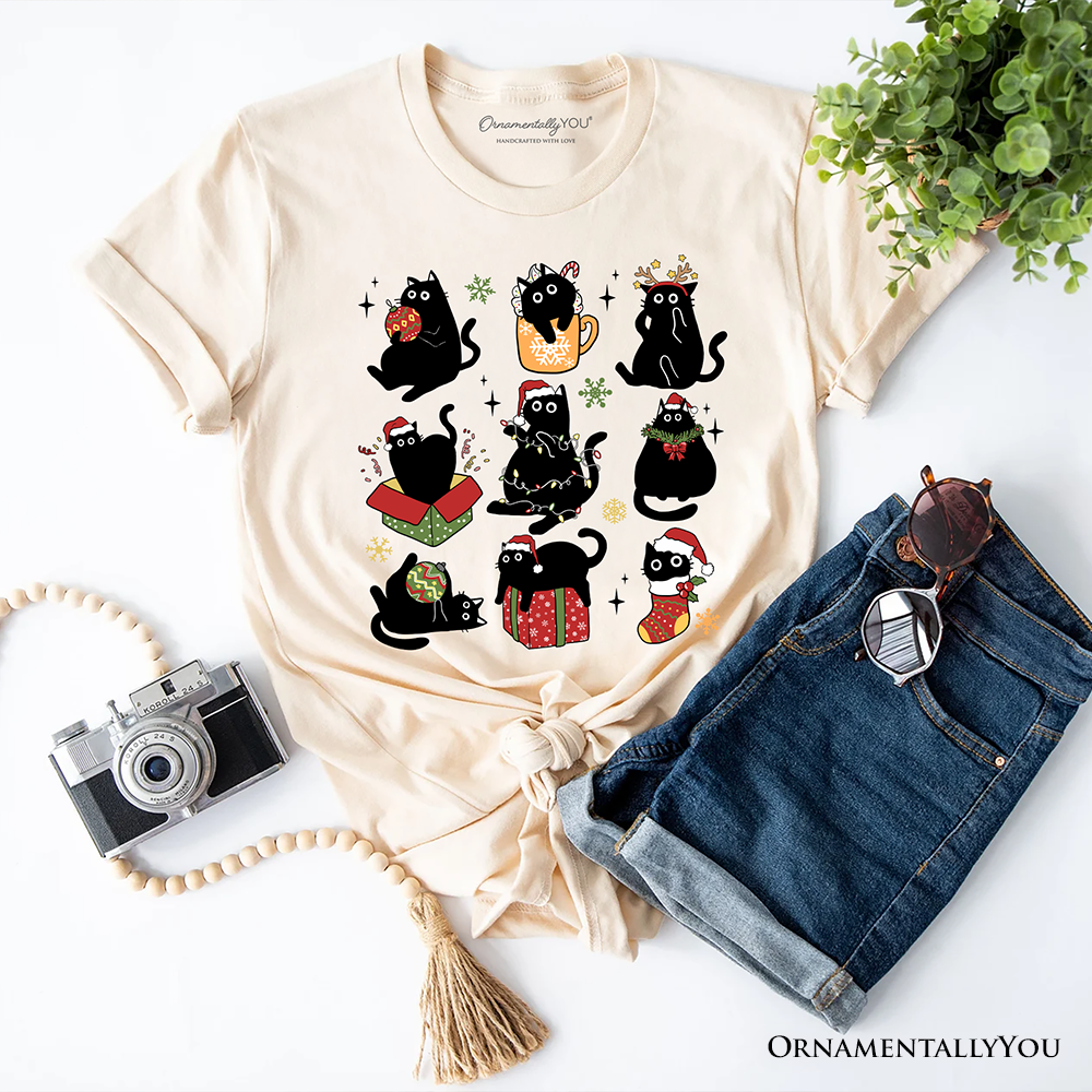 Christmas Black Cats T‑Shirt, Whimsical Cats with Santa Hat Tee