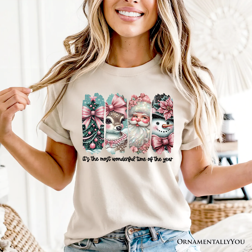 Coquette Pink Christmas T‑Shirt, It's The Most Wonderful Time Of The Year Vintage Tree, Reindeer, Santa and Snowman Tee