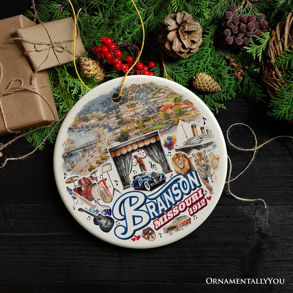 Culturally Vibrant Branson City Ceramic Ornament, Missouri Souvenir and Christmas Tree Decor