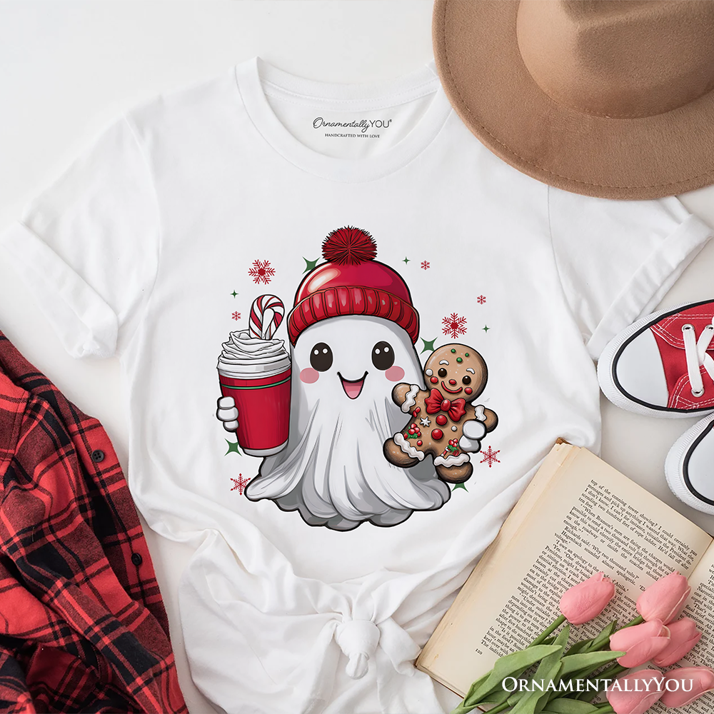 Cute Ghost Christmas T‑Shirt, Adorable Gingerbread and Cocoa Holiday Tee