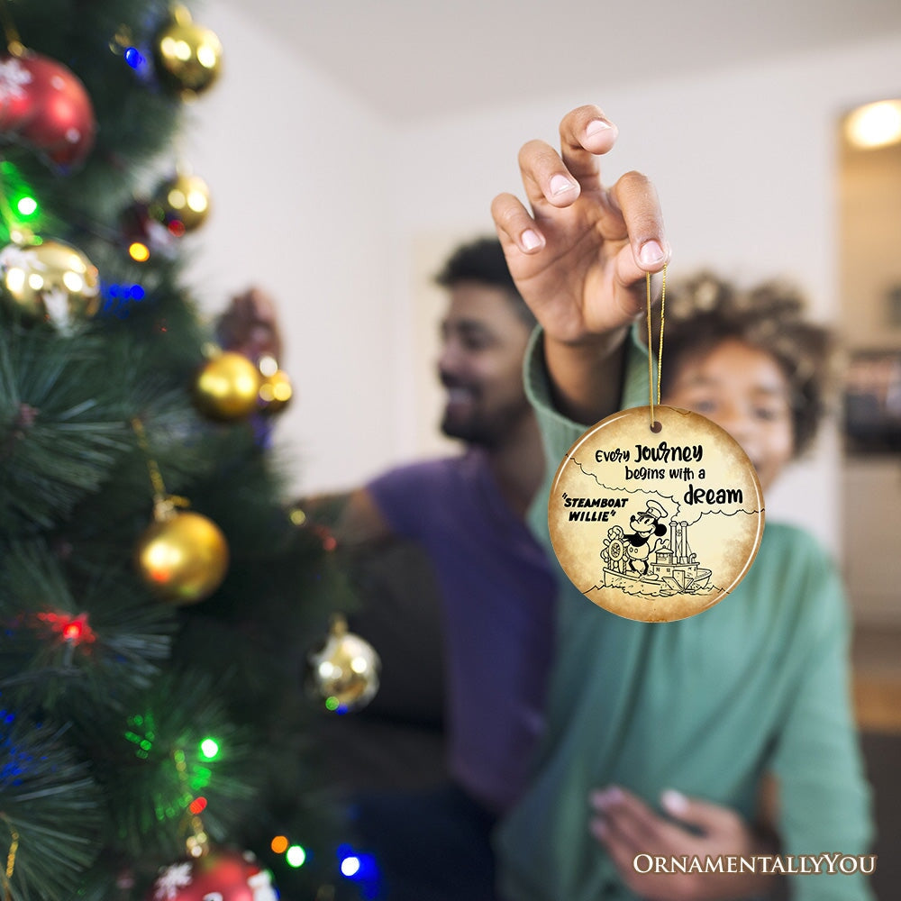 Every Journey Begins With a Dream Quote Ornament, Vintage Steamboat Willie Christmas Keepsake