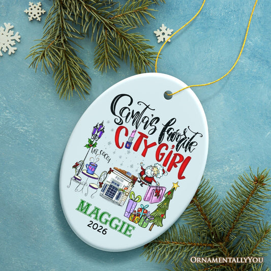 Fashion Santa's Favorite City Girl Personalized Christmas Ornament, Adventurous Urban Lifestyle Custom Gift