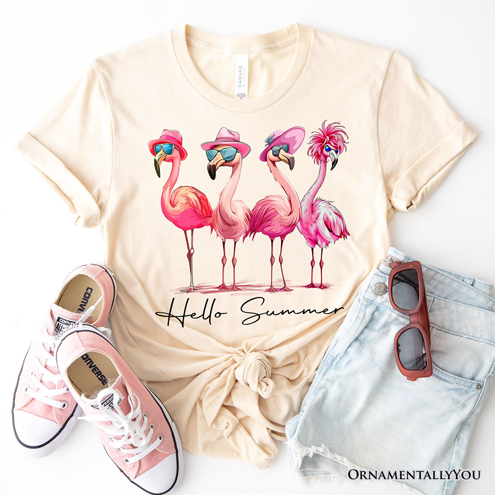 Flamingo Hello Summer T-Shirt, White and Natural Retro Tee with Tropical Birds