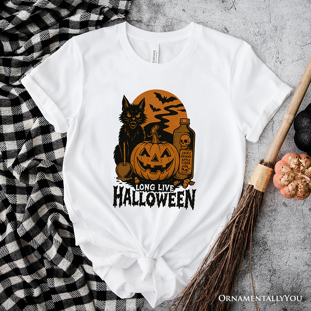 Long Live Halloween T-Shirt, Retro Black Cat Pumpkin Tee for Horror Fans
