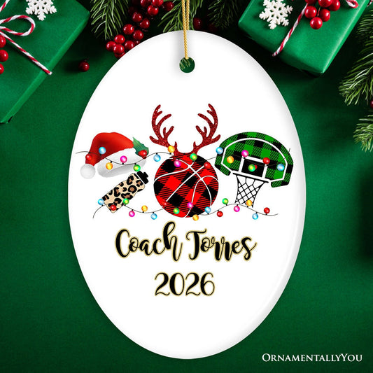 Personalized Basketball Buffalo Plaid Leopard Merry Christmas Ornament, Team and Coaches Gift