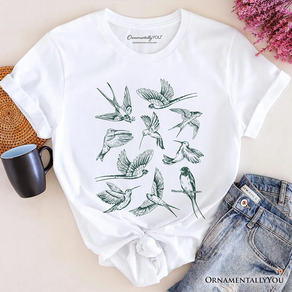 Retro Birds Nature T-Shirt, Vintage Green Bird Illustration Tee