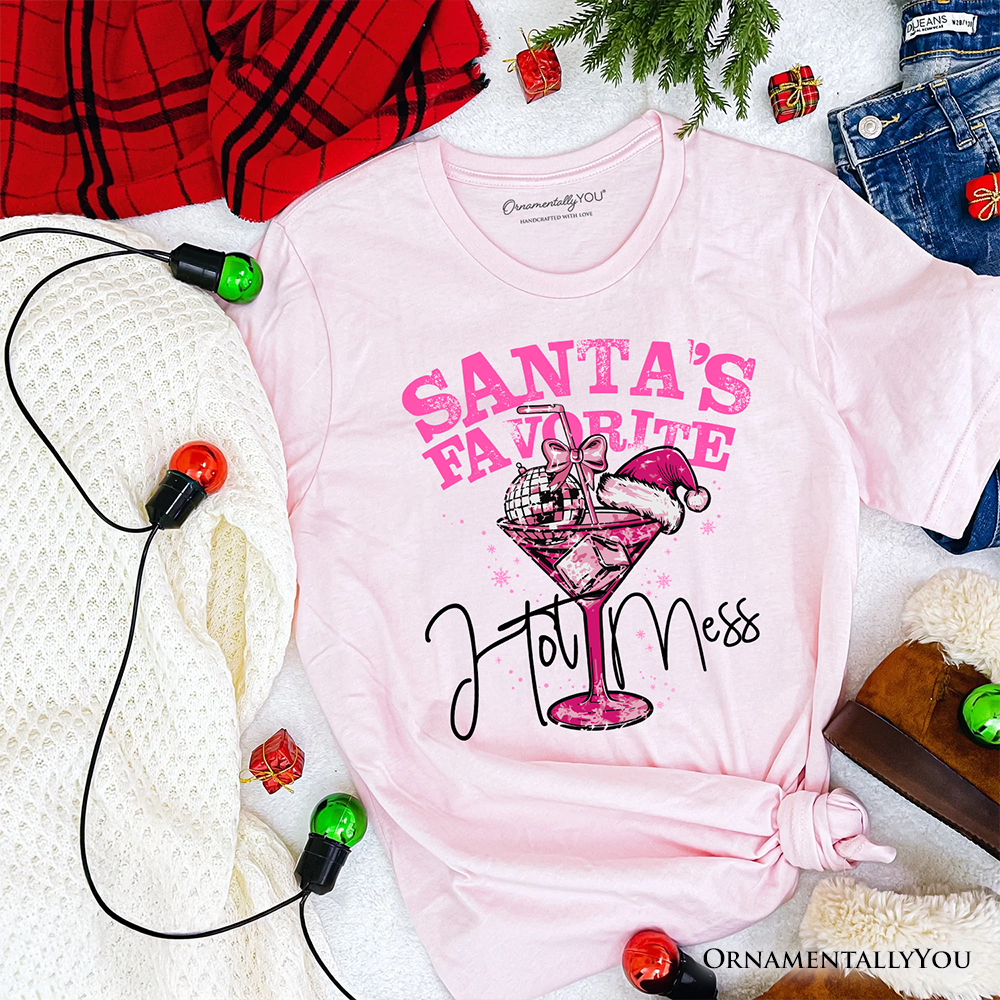 Santa’s Favorite Hot Mess T‑Shirt, Pink Martini Retro Disco Christmas Tee