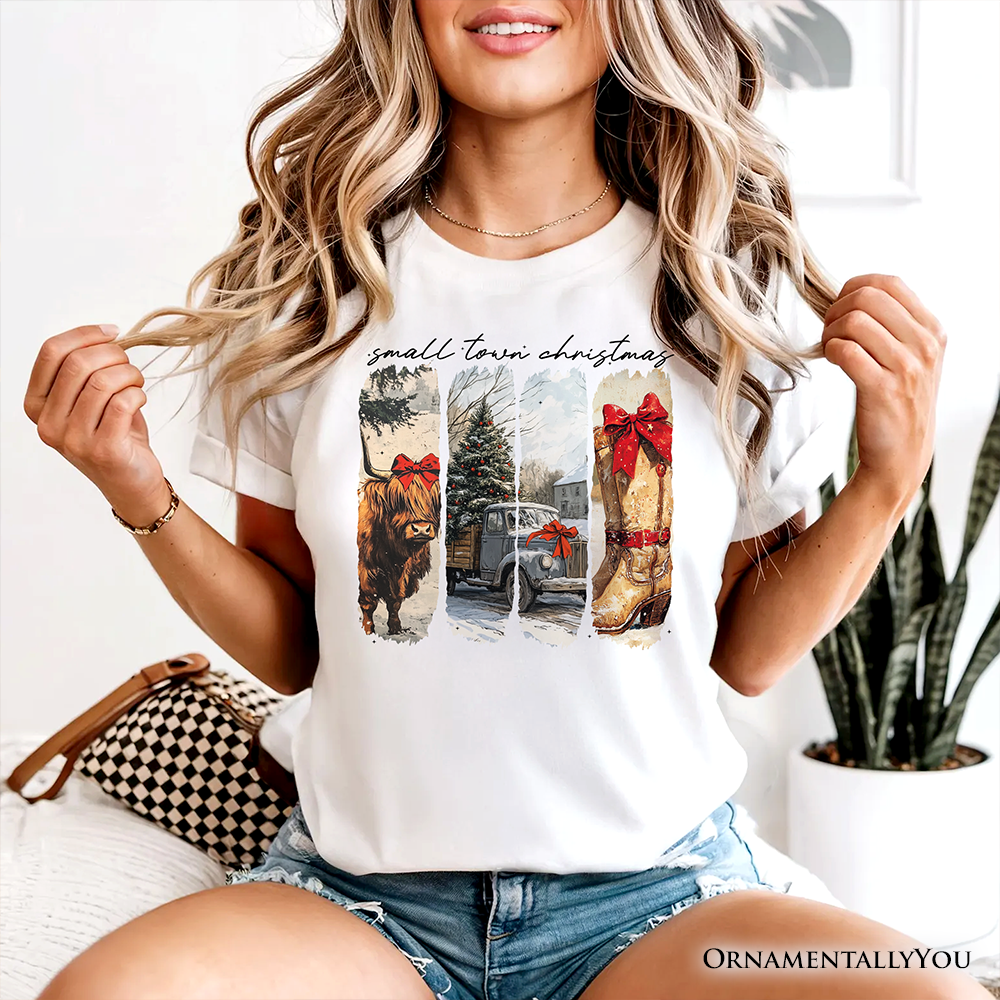 Small Town Christmas T‑Shirt, Highland Cow Rustic Western Cowgirl Holiday Tee