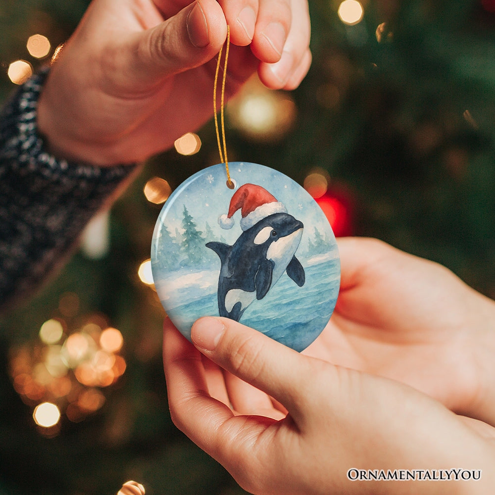 Watercolor Orca in Santa Hat Christmas Ornament, Marine Animal Holiday Keepsake and Gift
