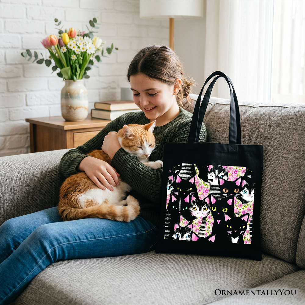 Floral Black And Pink Cats Pattern Cute Tote Bag, Kitten Collage Gift Shopper for Cat Lovers