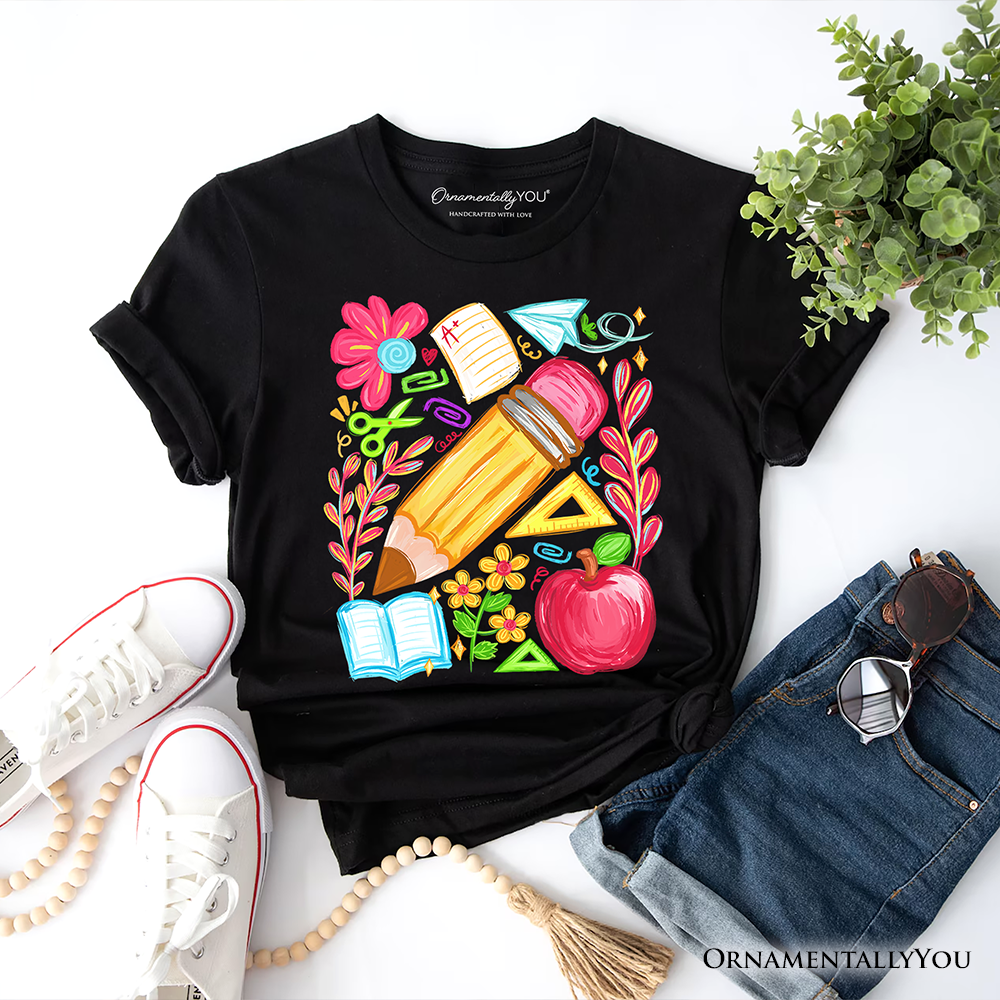Floral Teacher Pencil T-Shirt, Colorful Back to School Tee