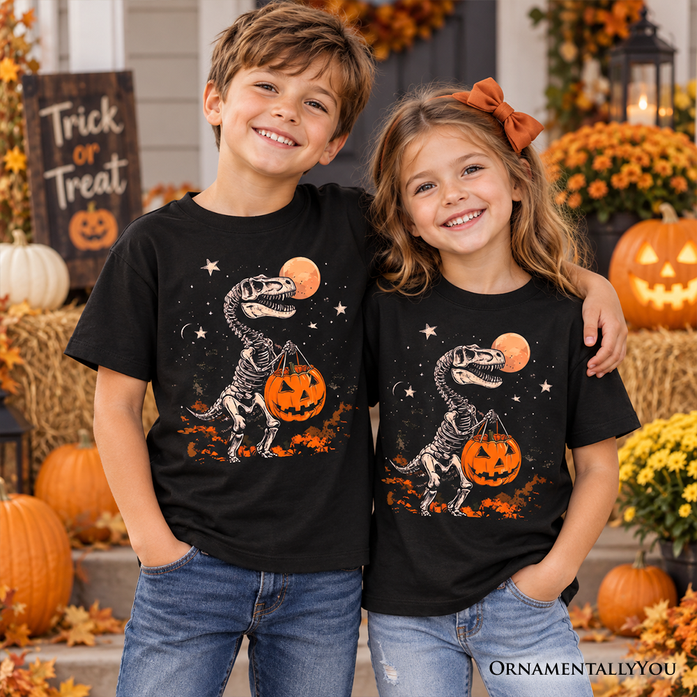 Spooky Saurus Kids T-Shirt, Halloween Dinosaur Skeleton Pumpkin Tee for Youth