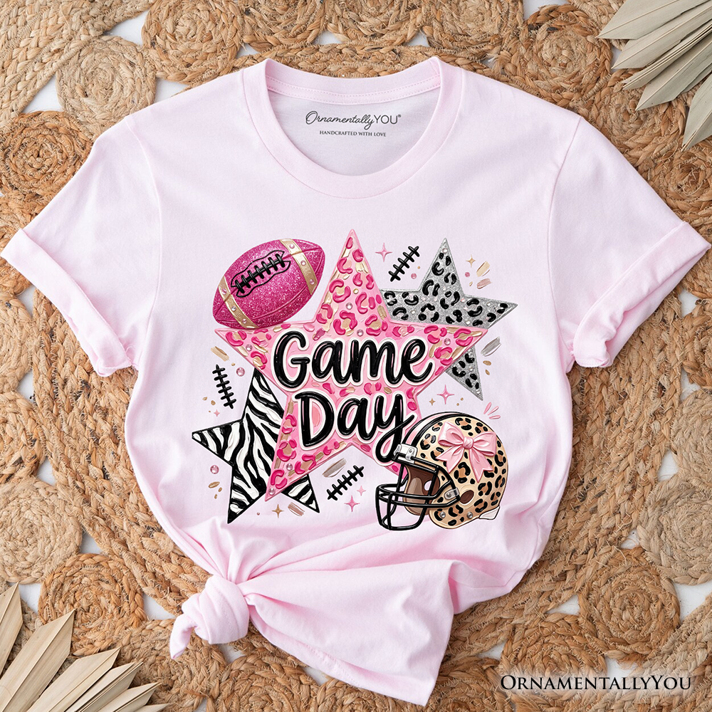 Leopard Pink Stars Football T-Shirt, Coquette Game Day Tee