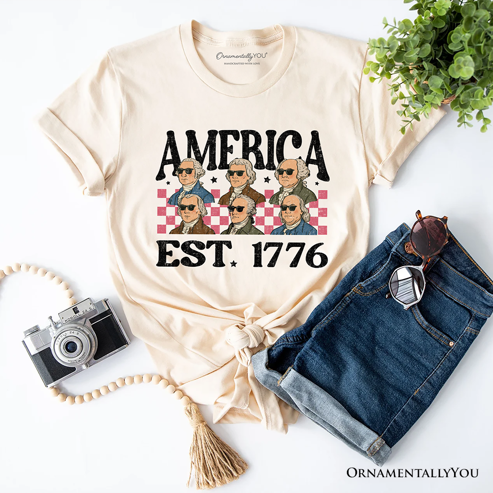 America Est 1776 Founding Fathers Vintage T-Shirt, Retro Patriotic Tee