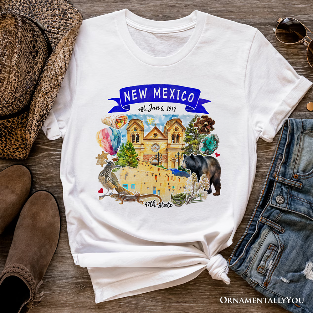 Artistic New Mexico State Themes and Landmarks T-Shirt, Tee for History and Travel Lovers