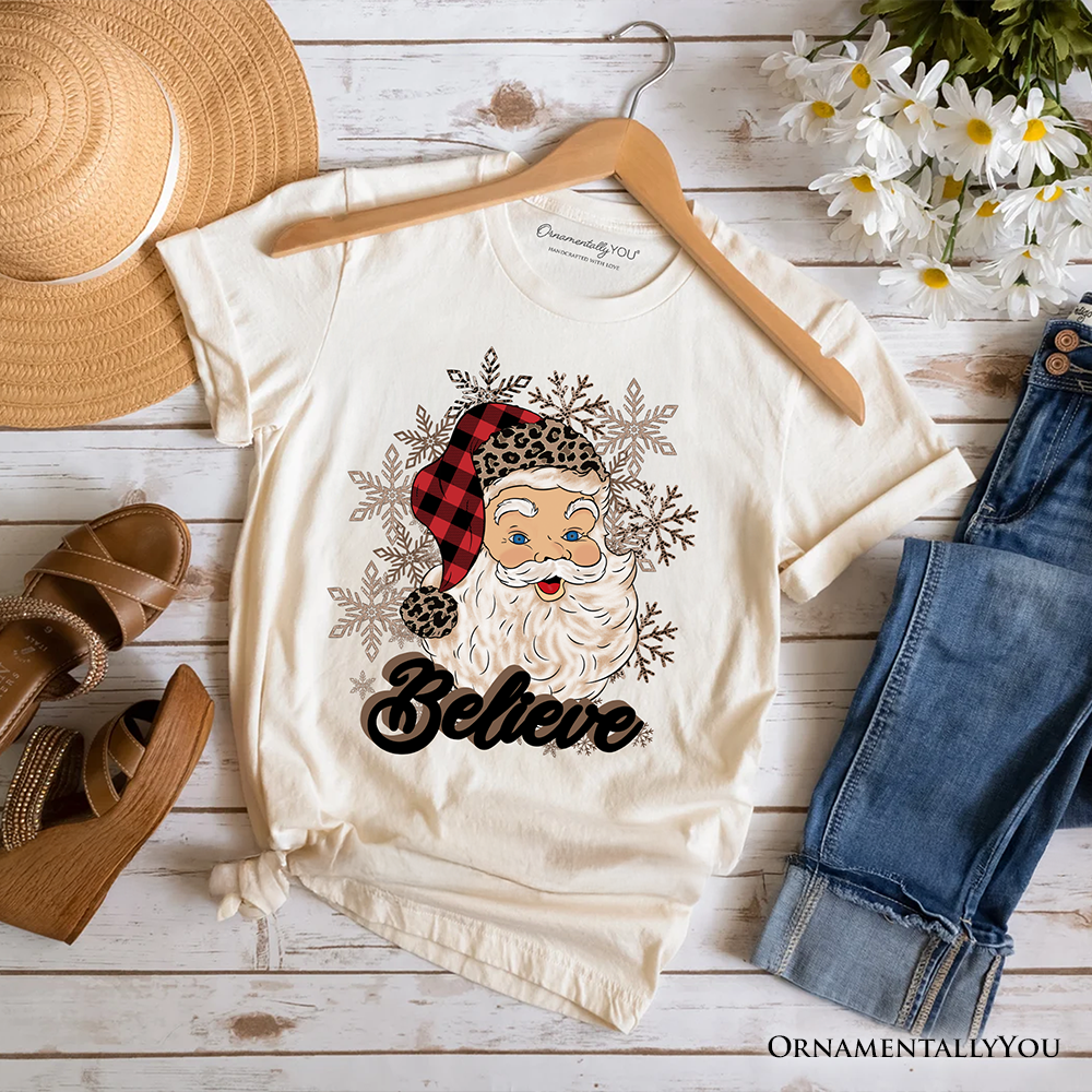 Believe Santa Buffalo Plaid T‑Shirt, Retro Christmas Tee