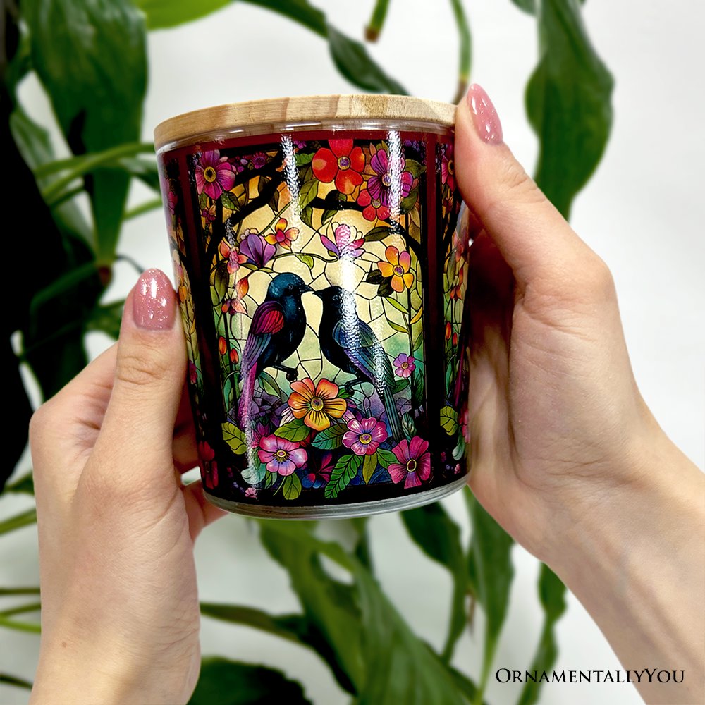 Birds of Love Faux Stained Glass LED Tea Light Candle, Cozy Romantic Valentine Decor With Soft Glow