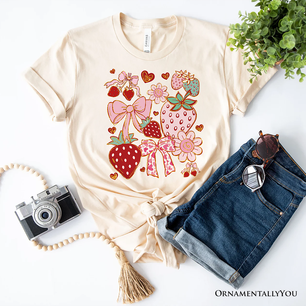 Boho Strawberry Coquette T-Shirt, Cute Bow and Floral White and Natural Tee for Sweet and Stylish Women