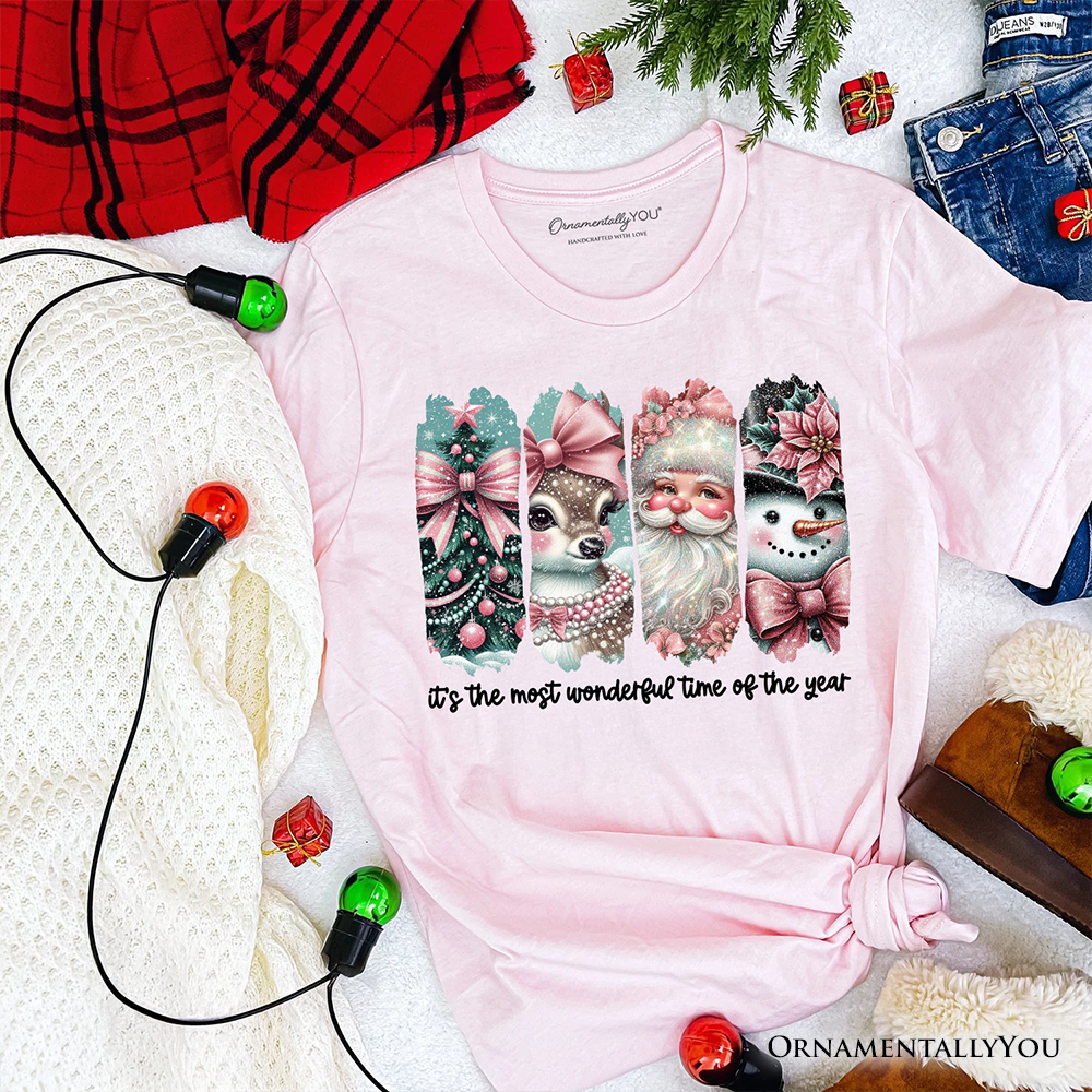 Coquette Pink Christmas T‑Shirt, It's The Most Wonderful Time Of The Year Vintage Tree, Reindeer, Santa and Snowman Tee