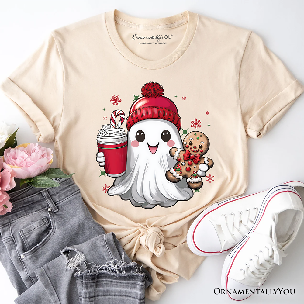 Cute Ghost Christmas T‑Shirt, Adorable Gingerbread and Cocoa Holiday Tee