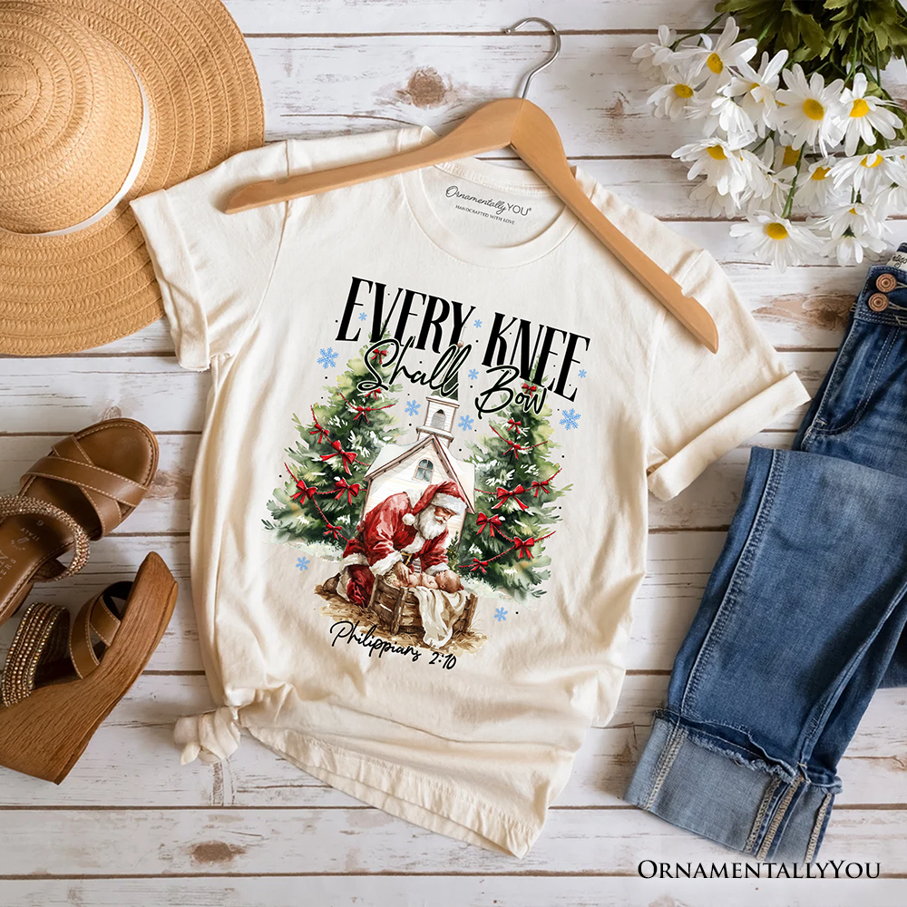 Every Knee Shall Bow Nativity Santa T-Shirt, Jesus Philippians 2:10 Christian Christmas Tee