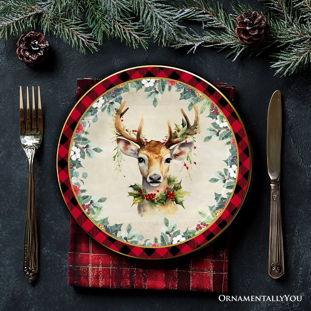 Decor Steals Special - Holiday Cheer Set of 4 Plates with Real Gold Plaid Trim, Christmas Tableware Collection for Salad, Dessert, Appetizer, and Side Plates