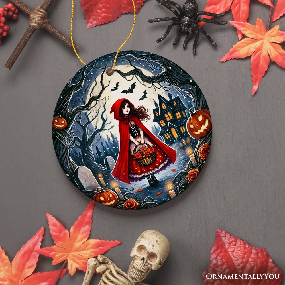 Mysterious Red Riding Hood in the Woods Ornament, Spooky Halloween Tree Decor