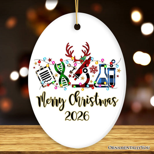 Personalized Science Plaid Christmas Ornament, Gift for Scientist or Researcher, Lab Tools like Flasks and Microscope