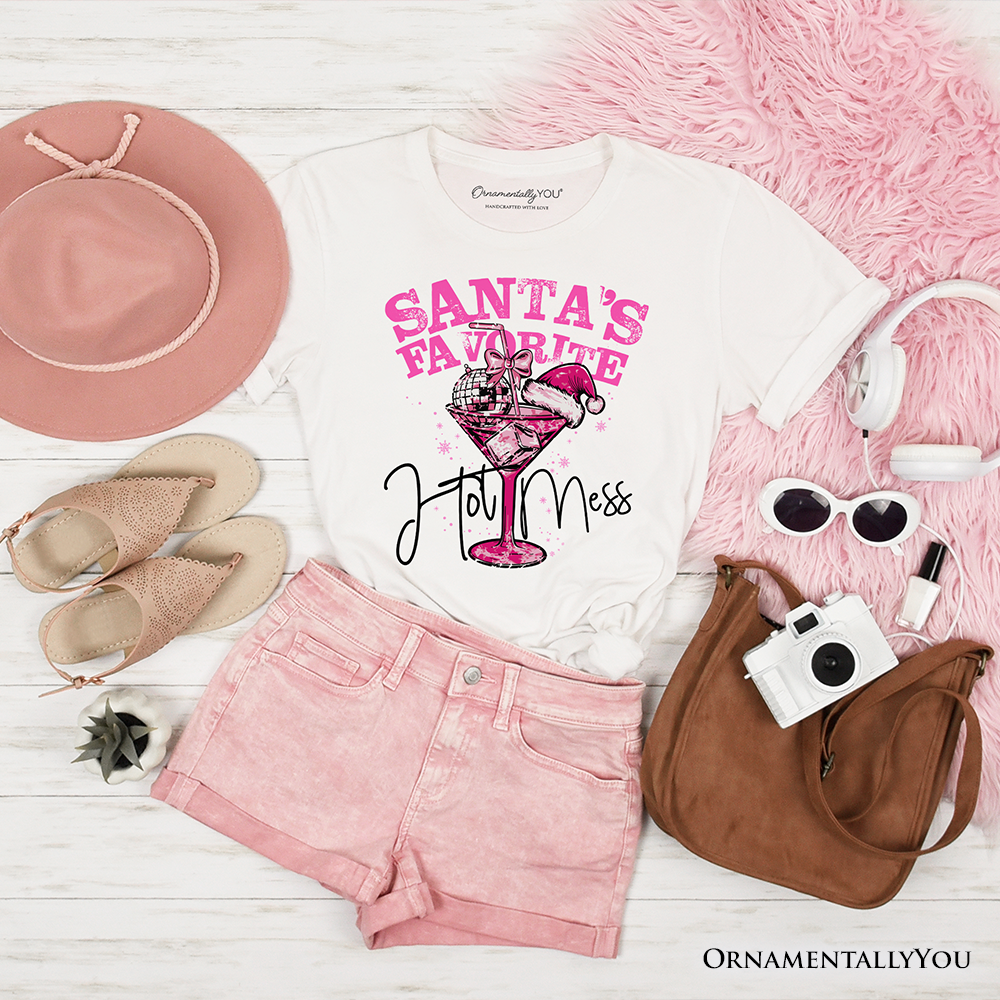 Santa’s Favorite Hot Mess T‑Shirt, Pink Martini Retro Disco Christmas Tee