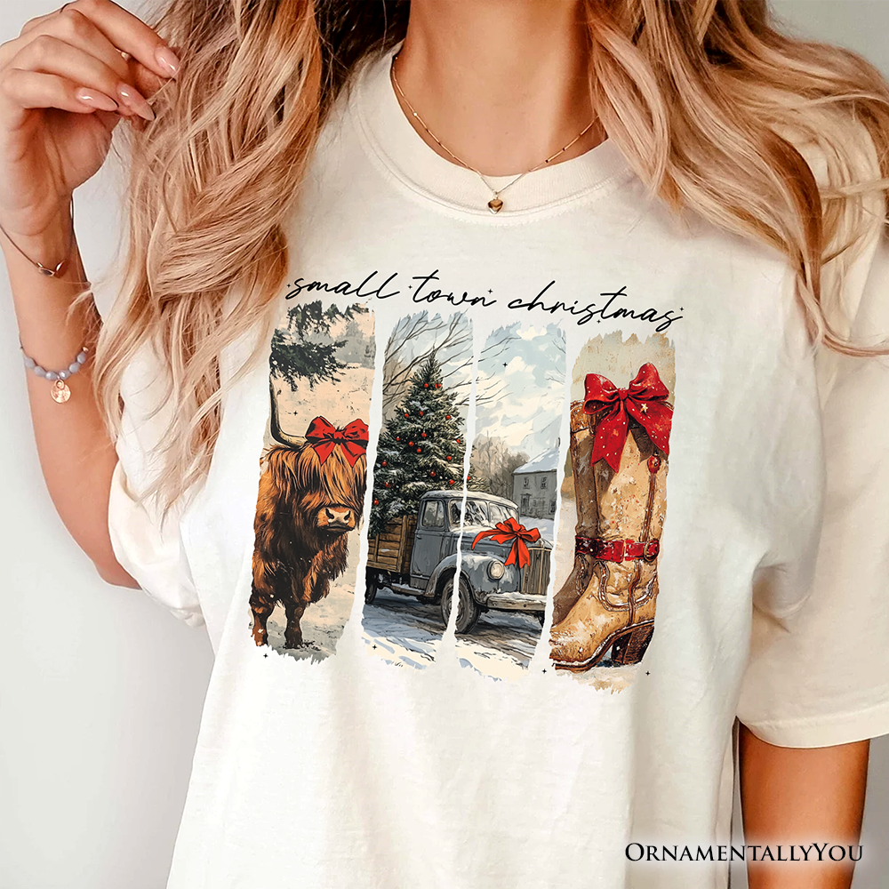Small Town Christmas T‑Shirt, Highland Cow Rustic Western Cowgirl Holiday Tee