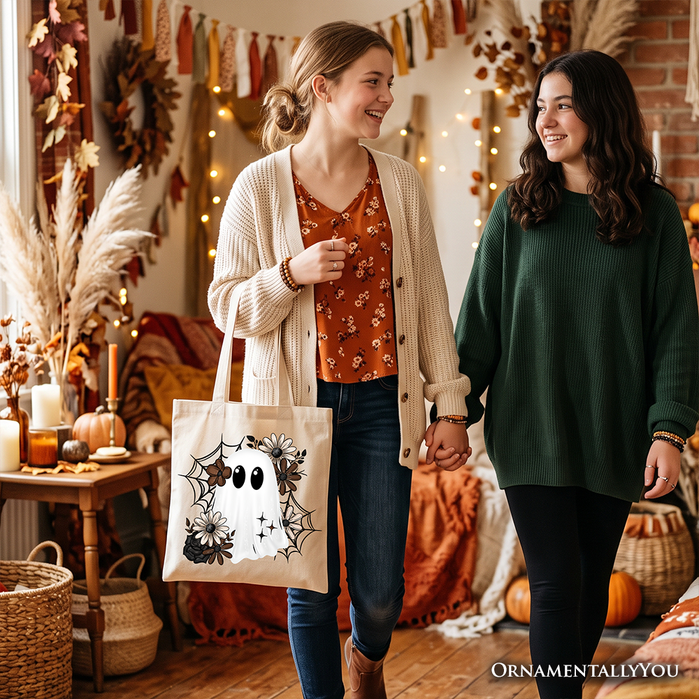 Floral Ghost Tote Bag, Neutral Boho Halloween Spider Web Gift Shopper