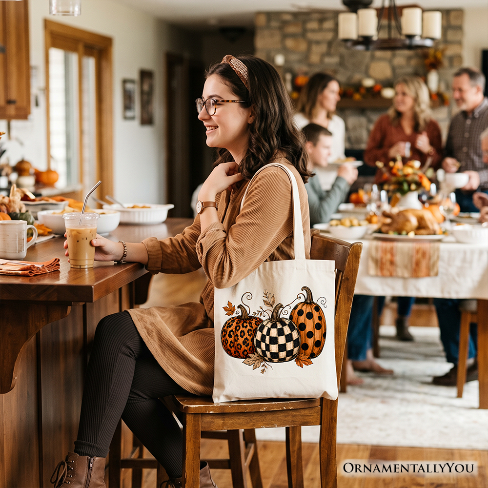 Leopard Checkered Pumpkin Tote Bag, Autumn Fall Gift Shopper