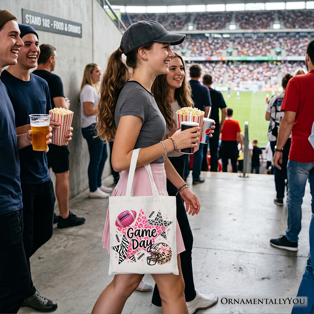 Leopard Pink Stars Football Tote Bag, Coquette Game Day Gift Shopper