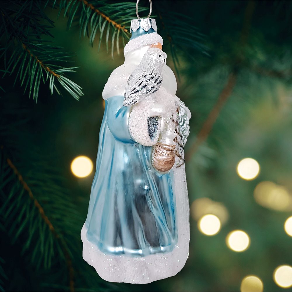 Arctic Whispers Santa Glass Christmas Ornament, Snowy Winter Theme with Light Blue Robe