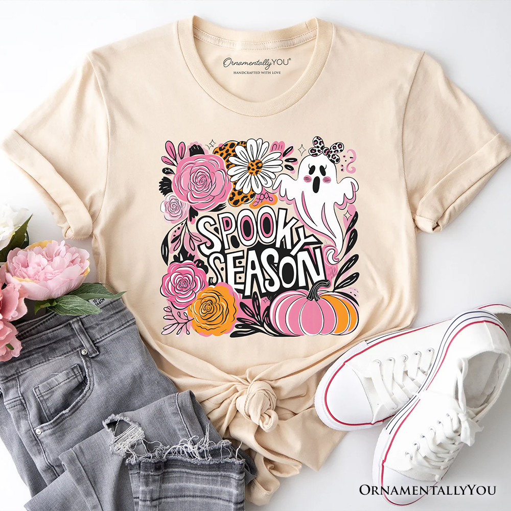 Boho Spooky Season Ghost T-Shirt, Cute Halloween Tee with Fall Pumpkins