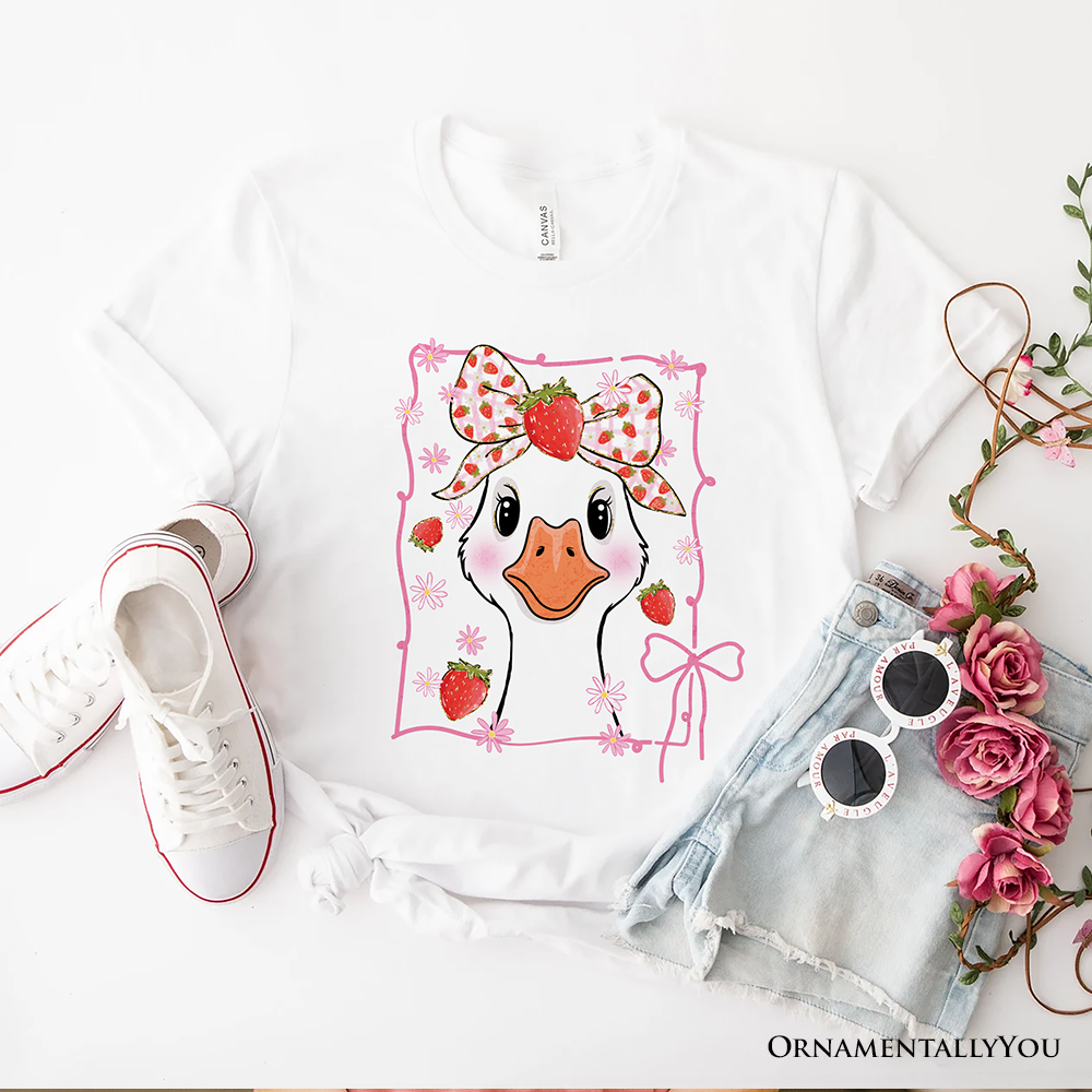 Coquette Goose with Strawberry Bow T-Shirt, Navy, Black and White Cute Tee