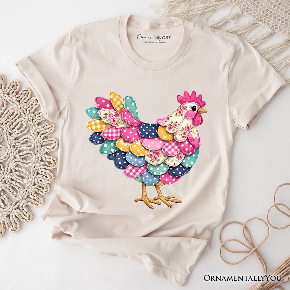 Floral Chicken Printed Faux Patchwork T-Shirt, Coquette Hen Farmhouse Tee