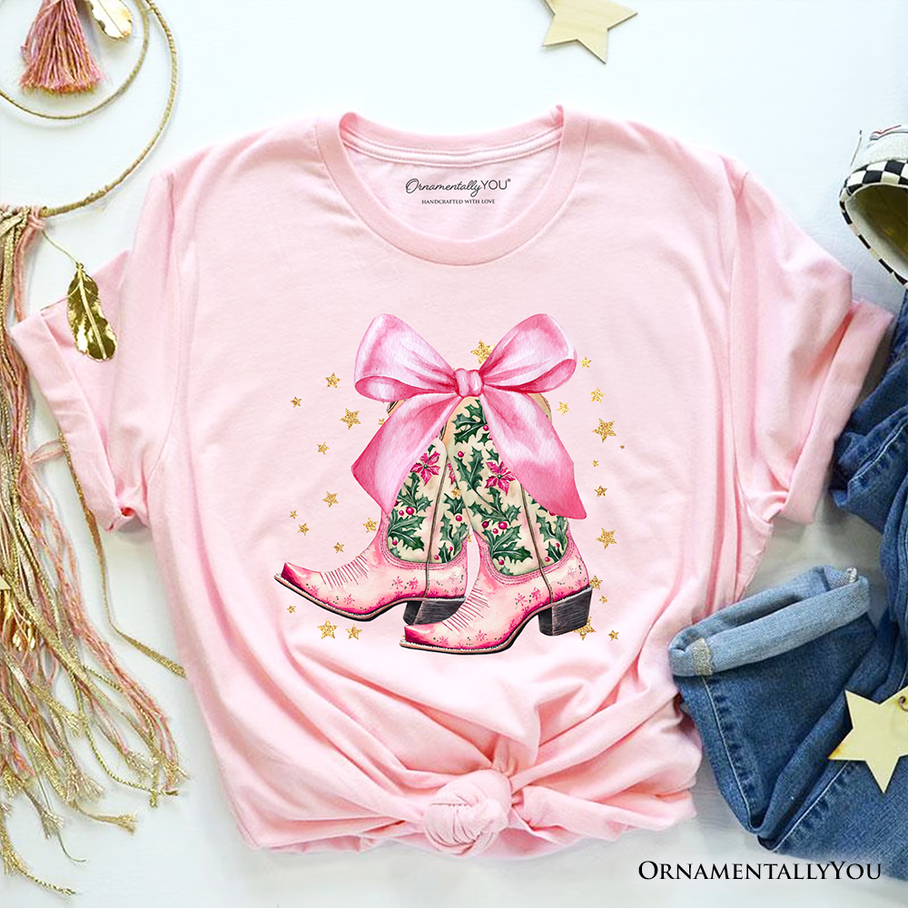 Pink Western Coquette Cowgirl Boots T-Shirt, Country Holiday Tee