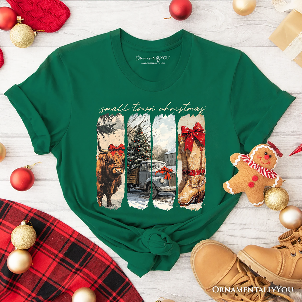 Small Town Christmas T‑Shirt, Highland Cow Rustic Western Cowgirl Holiday Tee