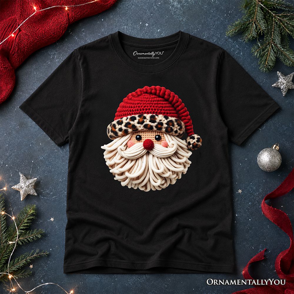 Kids Santa Leopard Hat Christmas T-Shirt, Imitation Latch Hook Yarn Cozy Youth Tee