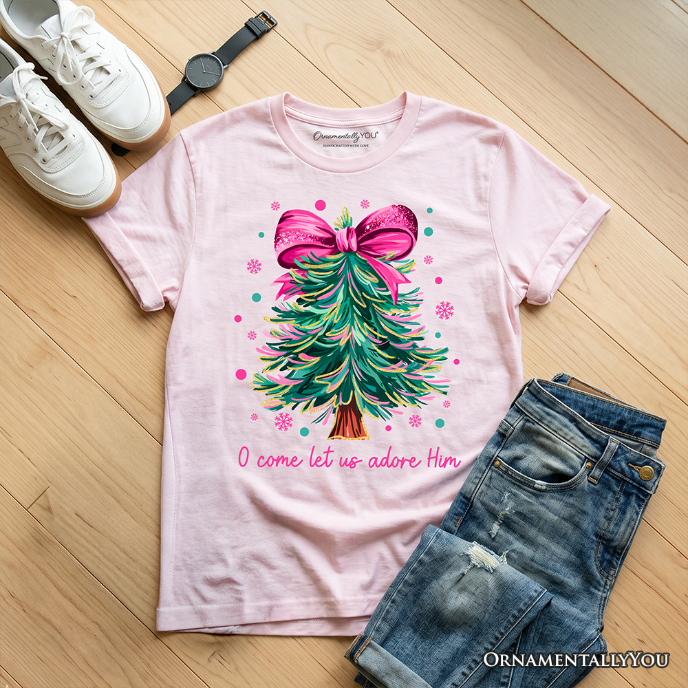 Kids Glitter Christmas Tree Coquette Bow T-Shirt, O Come Let Us Adore Him Holiday Youth Tee